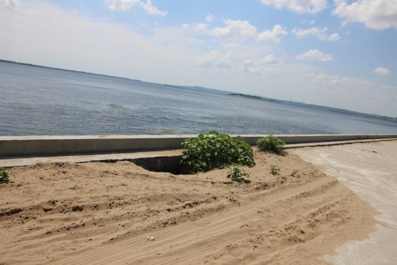 Провал на набережной Саратова зарос травой