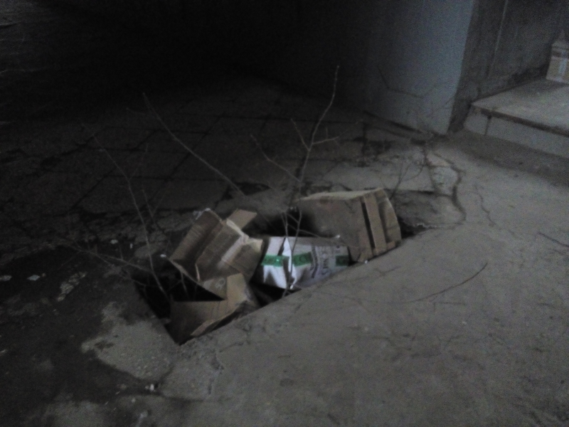 В подземном переходе яму завалили картонными ящиками и ветками деревьев