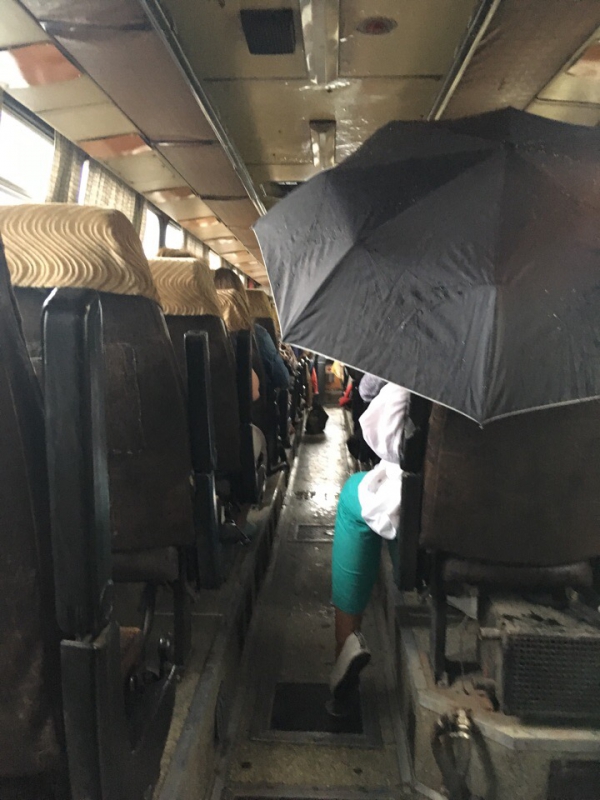 Пассажирам саратовского автобуса приходится ездить с раскрытым зонтом