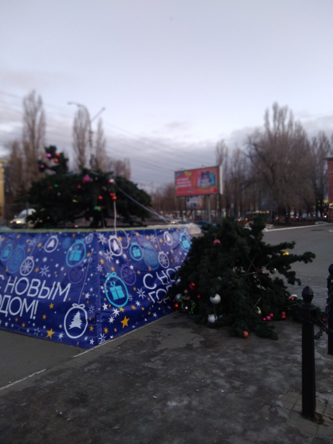 В Саратове из-за сильного ветра разворотило рекламный щит и упала елка