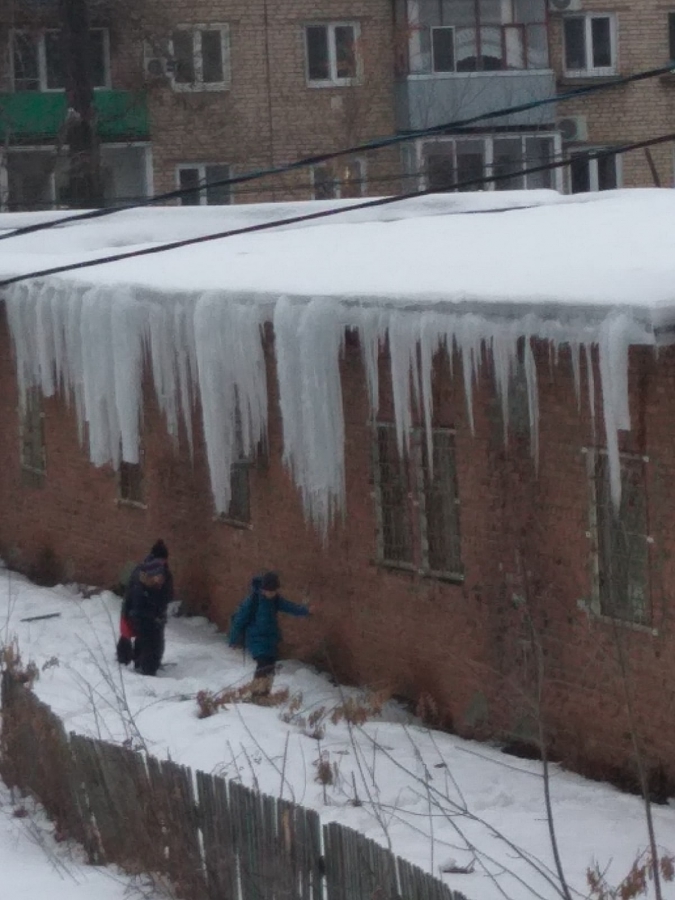 В Балакове очевидцы заметили гуляющих детей под сосульками-«убийцами»