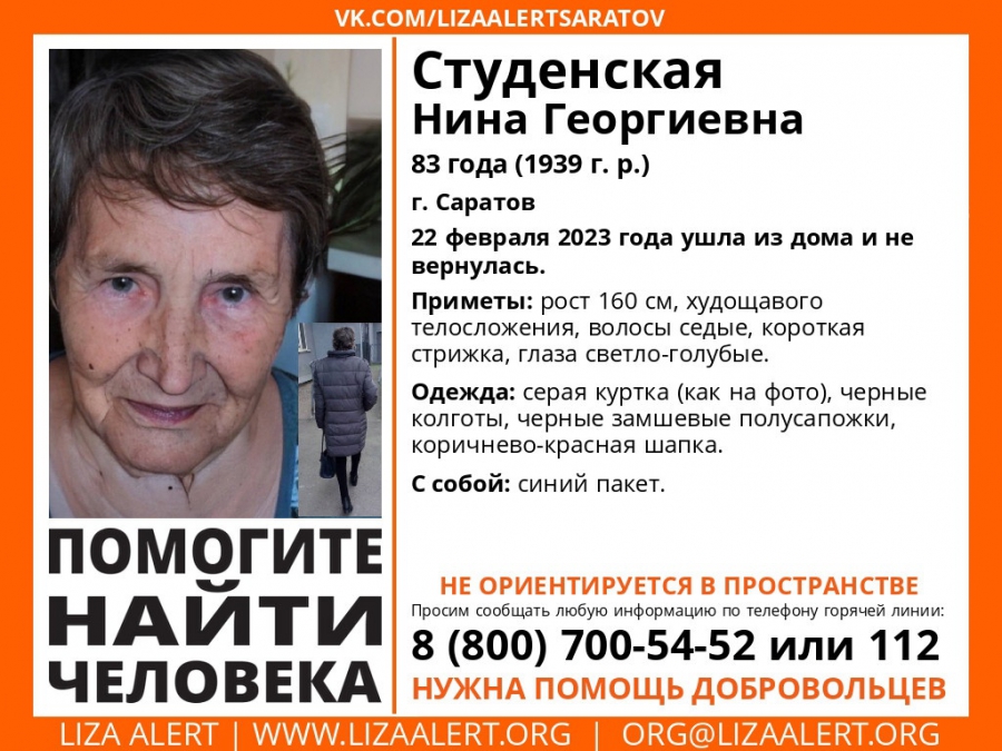 В Саратове ищут пропавшую 83-летнюю пенсионерку с синим пакетом