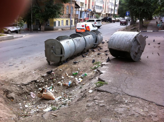 Перевернутый контейнер в центре Саратова превратил пешеходную зону в свалку