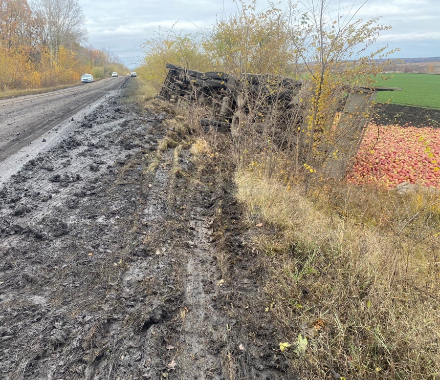 В Ртищевском районе «КамАЗ» съехал в кювет и перевернулся набок