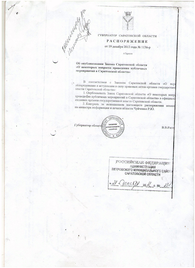 Устав МО Г Петровска Саратовской области. Губернатор области издал распоряжение